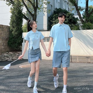 【潮尚男裝】學院風夏季情侶套裝女牛仔短裙男短褲減齡polo領短袖T恤兩件套裝純色收腰連衣裙學院風法式情侶裝弔帶 A3WQ