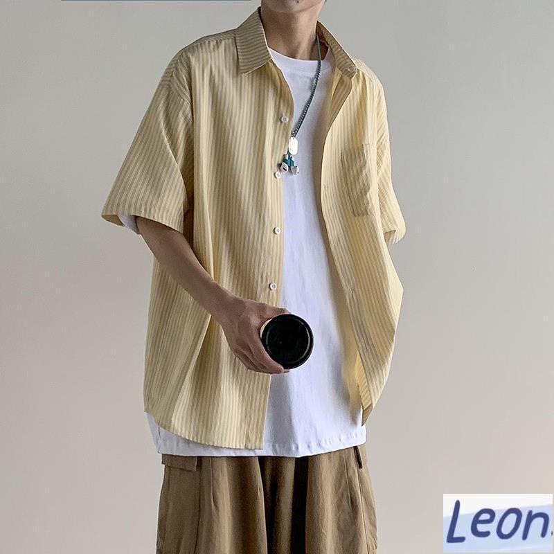 【Leon】大尺碼襯衫男 春夏季新款條紋短袖襯衫顯瘦小眾特色潮流百搭休閑襯衣男學生外套