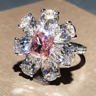 花朵戒指 甜美粉鑽鋯石花卉指環 浪漫情人節求婚手飾