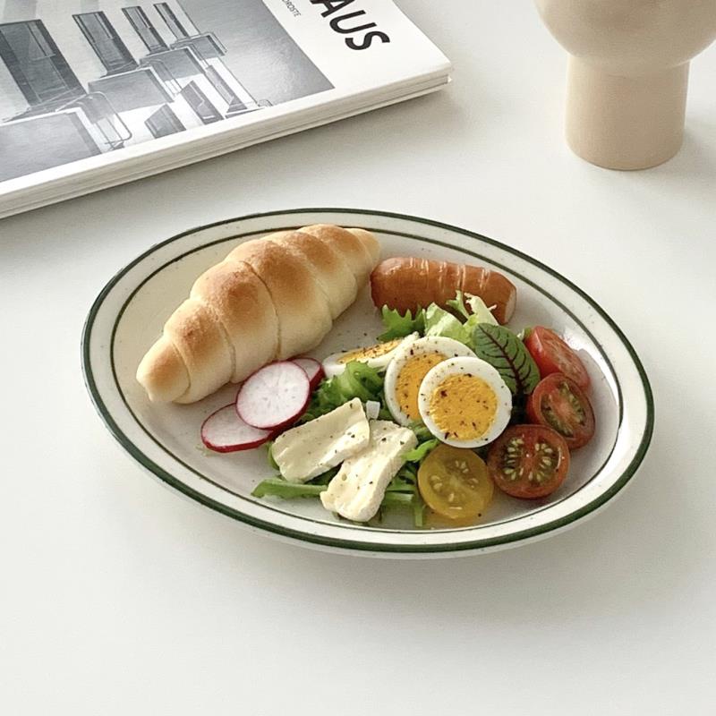 綠色芝麻釉陶瓷橢圓盤 家用魚盤 早餐盤 9寸
