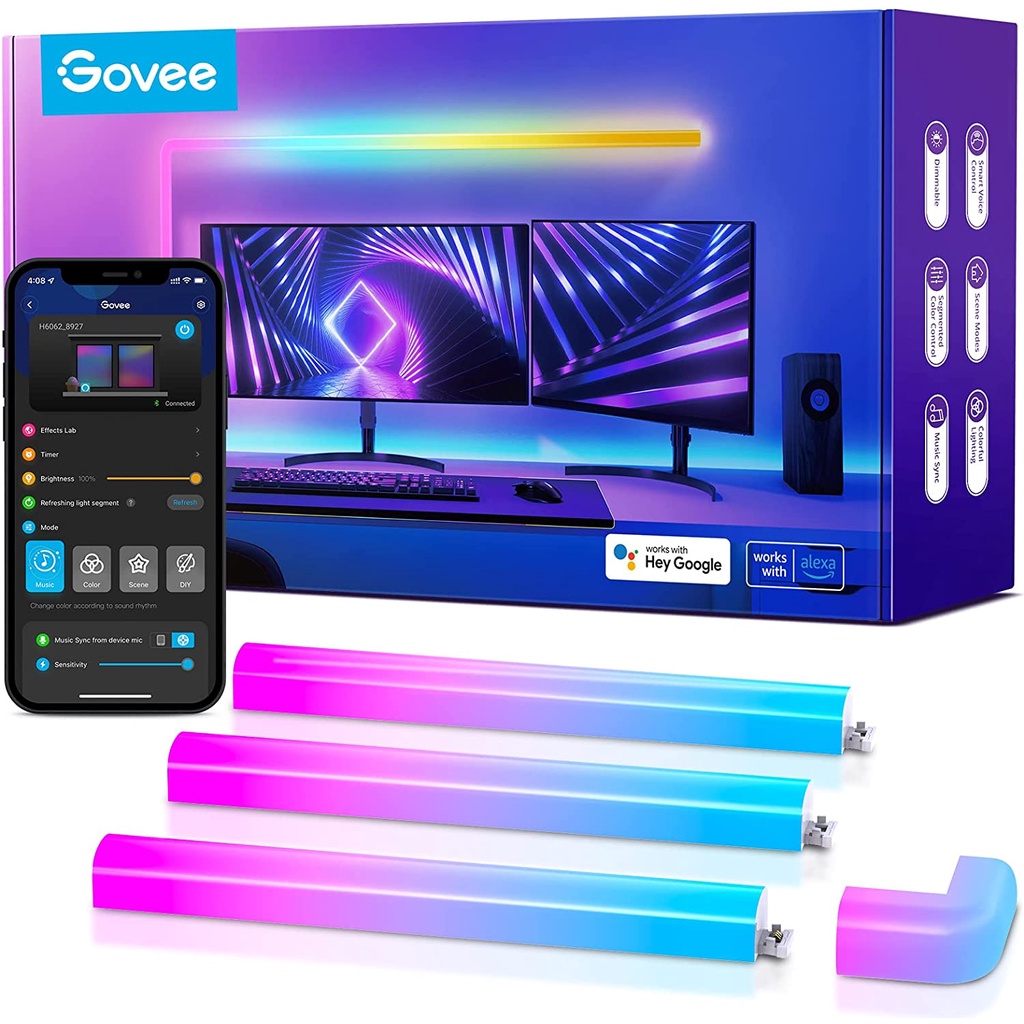 Govee Glide RGBIC LED智慧型炫彩壁燈,適用於遊戲間電視臥室裝飾,音樂同步,6長條配1轉角版本