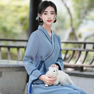 ∋ 有貨 改良漢服唐裝日常古風民國復古唐裝禪修居士茶服秋冬系帶交領上衣中國風禪意女裝兩件套
