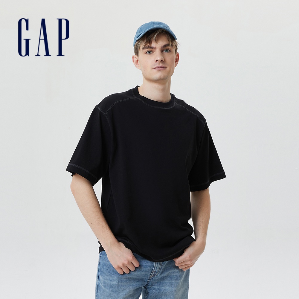 Gap 男裝 純棉圓領短袖T恤 厚磅密織水洗棉系列-黑色(671533)