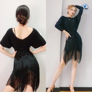 【臺灣出貨】舞蹈洋裝 舞蹈服裝 舞蹈練功服 國標舞衣 拉丁舞衣 拉丁舞服裝女成人緊身顯瘦寬鬆短袖練功服高檔連衣流蘇