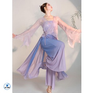 【臺灣出貨】古典舞套裝 國風舞蹈服裝 飄逸紗衣套裝 仙氣紗衣 古典舞表演服 古典舞服裝紗衣練功服紫色寬褲飄逸裙中國
