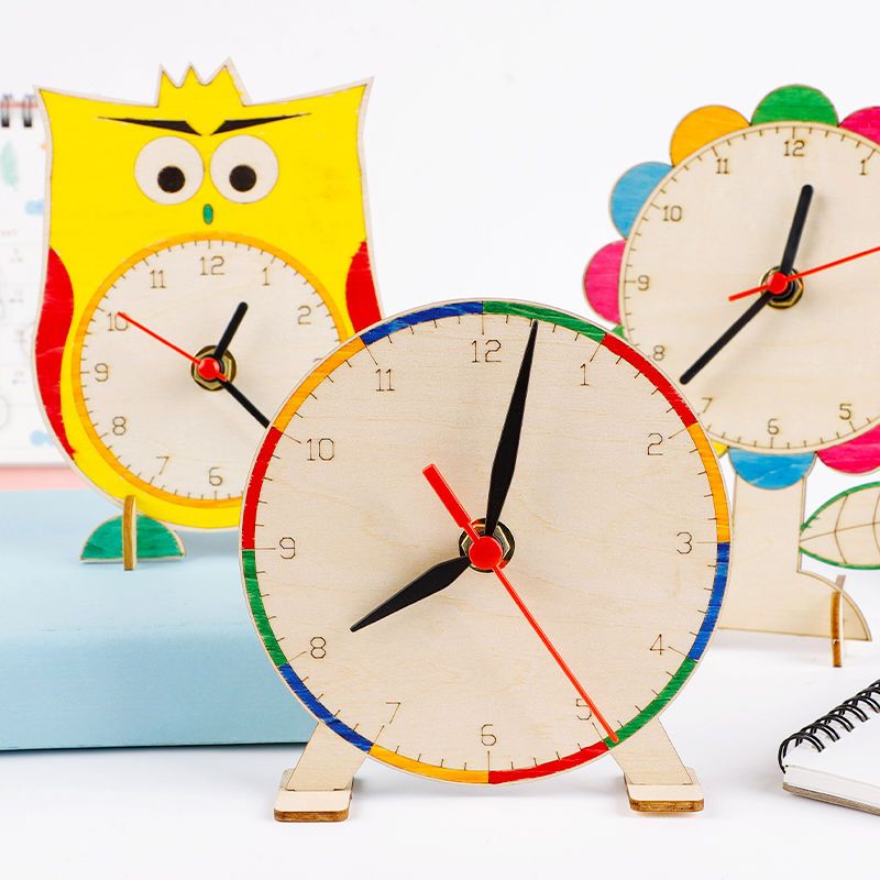 DIY木質手工時鐘模型幼兒小學認識時間益智科技小制作小鐘表教具