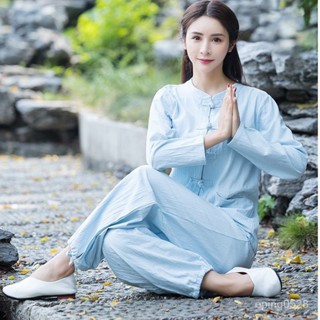 禪意館 太極服 打坐服 中式瑜伽 棉麻 禪服 宮廟服 棉麻瑜伽服套裝春夏新款太極服晨練服兩件套純色大碼寬鬆禪意茶服 套裝