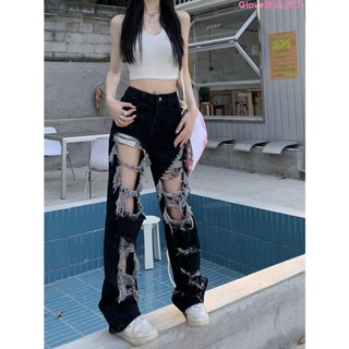 🌷臺灣出貨🌷高街ins潮破洞直筒牛仔褲女春季美式高腰乞丐褲子拖地長褲闊腿褲牛仔褲女 潮流 破洞褲 喇叭褲 直筒褲