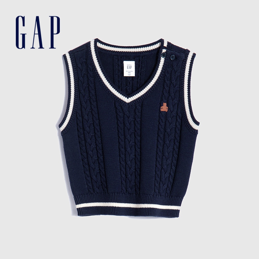 Gap 嬰兒裝 純棉小熊刺繡V領麻花針織背心-海軍藍(719560)