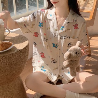 甜美睡衣套裝💕 泡泡棉睡衣女ins風高級開衫夏天甜美寬松新款居家服蠟筆小新 家居服 家居服套裝 居家服套裝 睡衣套裝女