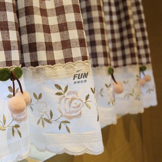 FUN傢居 23年7月新品 門簾 窗簾 支援客製化尺寸 咖啡格粉櫻桃半簾半簾窗簾門簾美式鄉村穿桿免打孔咖啡簾