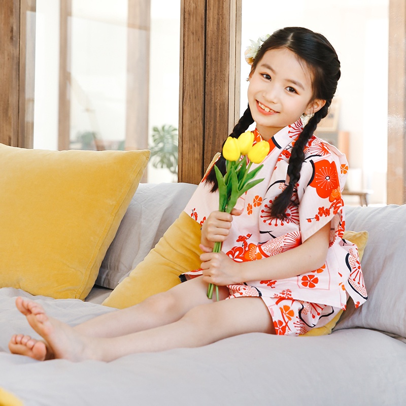 新桔子點點日式兒童短袖短褲家居服甚平男女寶寶純棉和風浴衣和服