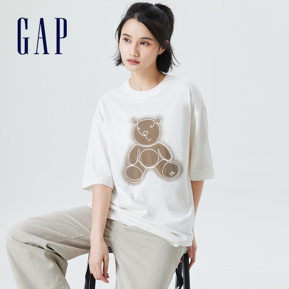 Gap 女裝 Logo純棉小熊印花圓領短袖T恤-白色(842001)