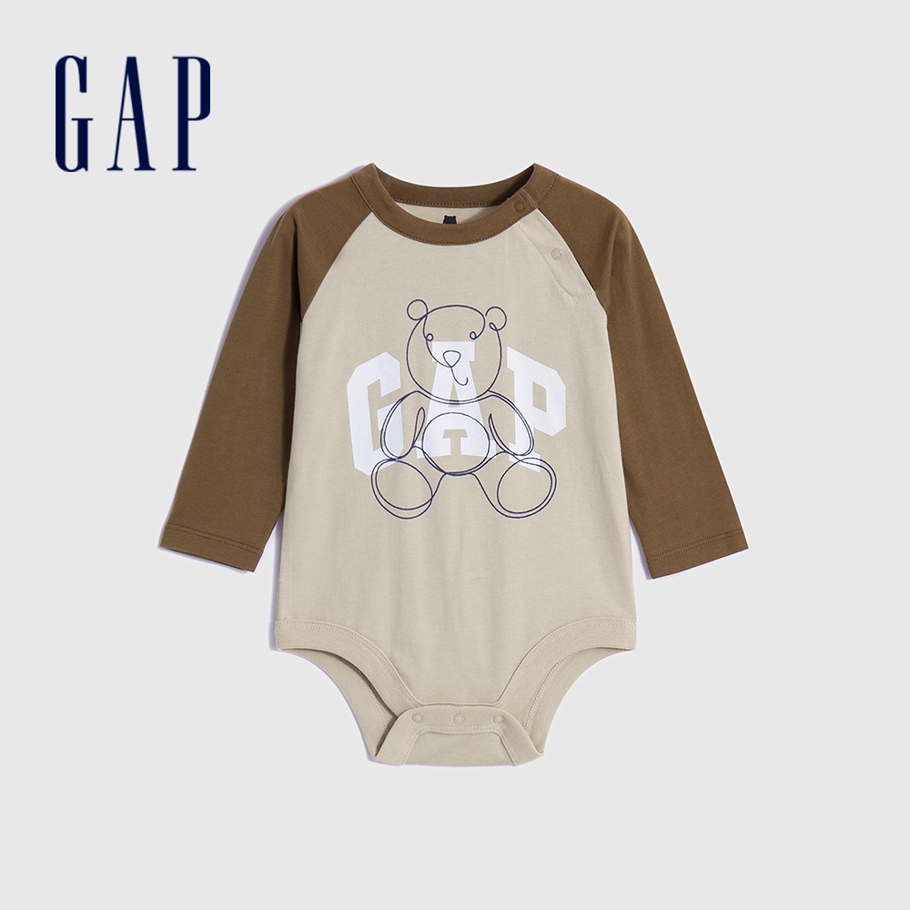 Gap 嬰兒裝 Logo小熊印花圓領長袖包屁衣-棕色(794548)