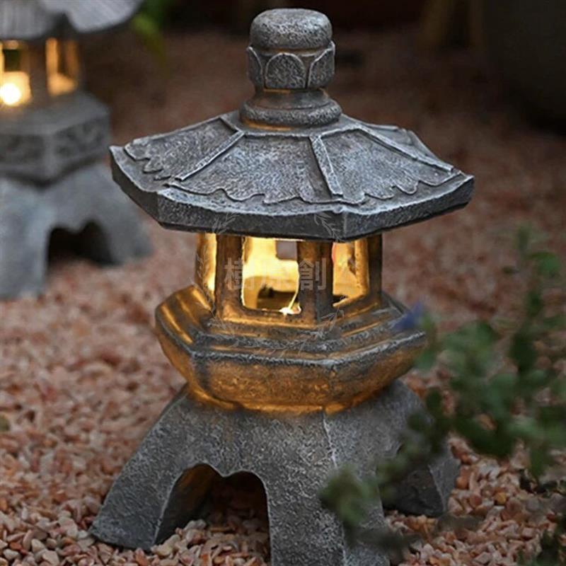 🌲樹原創 中式日式太陽能燈禪意石塔裝飾擺件花園庭院樹脂小宮燈雕塑佛具戶外燈