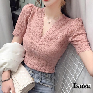 Isava 泡泡袖鏤空蕾絲衫女夏季新款短袖V領性感上衣女小眾修身百搭小衫