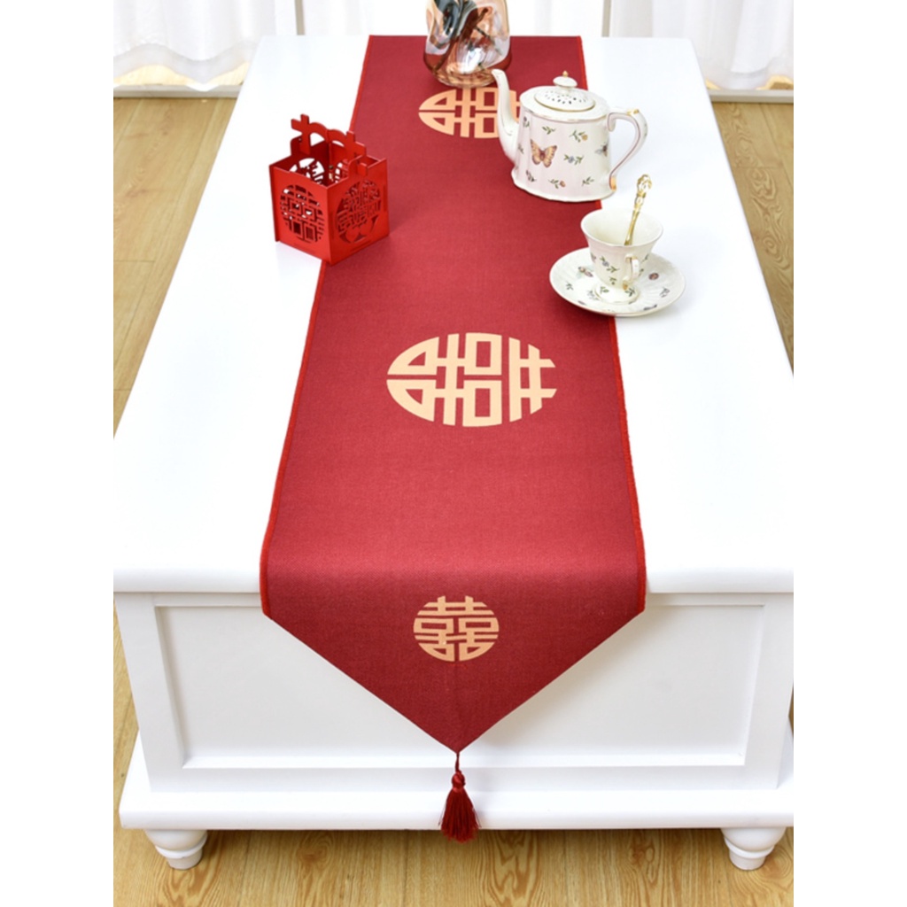 中式 結婚 桌旗 紅色 喜字 訂婚 桌布 婚禮 婚房 裝飾 茶幾 餐桌 電視櫃 蓋巾 布 中式婚禮 紅色桌布