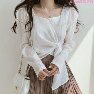 🌷臺灣出貨🌷2023新款春季復古顯瘦方領不規則系帶不規則設計寬松長袖襯衫上衣秋裝上衣 打底衣 春秋薄長袖上衣