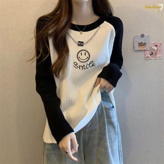 🔥韓款現貨🔥 棉質 t恤 上衣 打底衫 大尺碼 寬鬆 百搭 長袖 內搭 坑條撞色長袖t恤秋冬款顯瘦刺繡打底衫百搭 拼接色