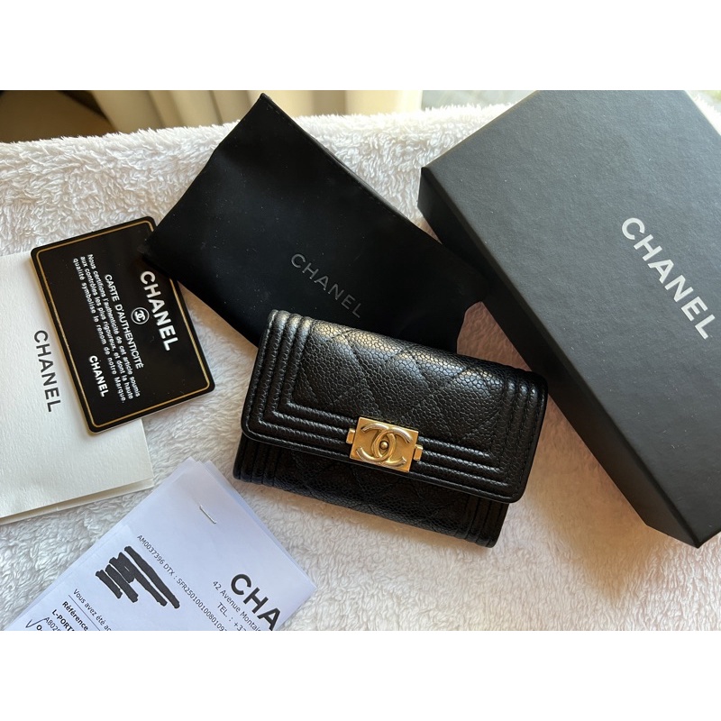 Chanel BOY 超難買的黑金 荔枝皮 口蓋卡片夾 卡包 零錢包 短夾