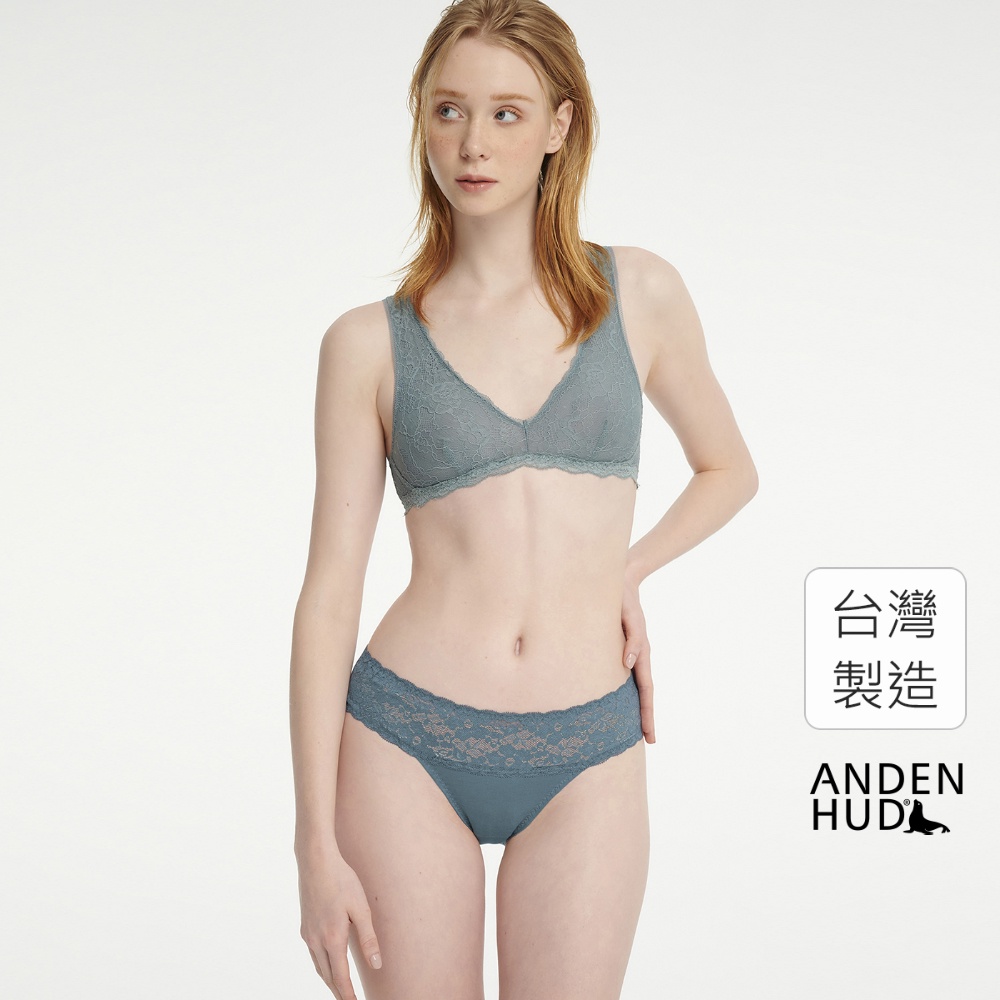 【Anden Hud】寧靜植物園．抓皺蕾絲中腰三角內褲(歸屬藍) 純棉台灣製