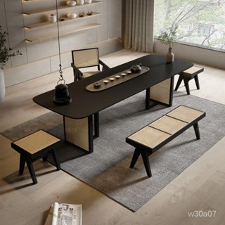 居傢優品#侘寂風藤編實木泡茶桌極簡功夫茶大闆茶臺辦公室新中式茶桌椅組閤餐桌 辦公桌 化妝桌 工作桌 電腦桌