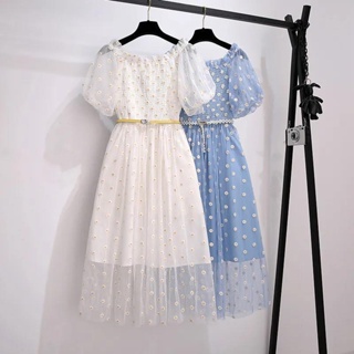 zs洋裝新款 夏季 網紗時尚現貨中長款收腰泡泡袖顯瘦女裙子2023年白藍色 TNNX