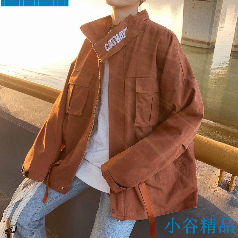 ✨小谷精品✨優選橘色vintage美式衝鋒衣外套男設計感小眾戶外機能風立領工裝夾克