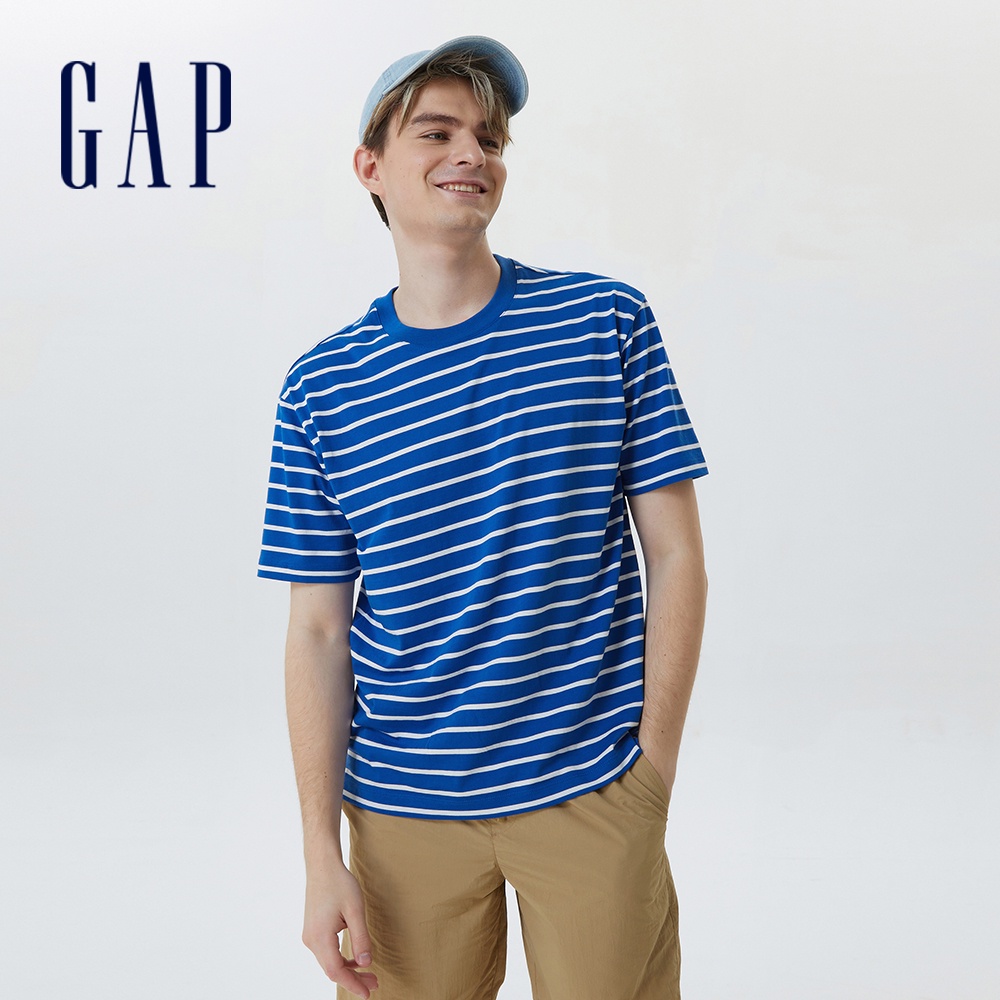 Gap 男裝 純棉條紋圓領短袖T恤-藍色條紋(671495)