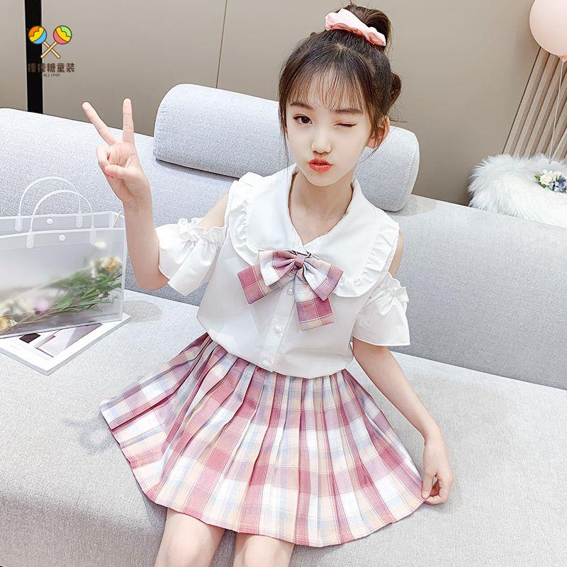 jk 制服童裝 jk 制服套裝兒童 jk 女童夏季JK套裙百褶裙兒童小學生女孩學院風套裝露肩連衣裙洋氣款