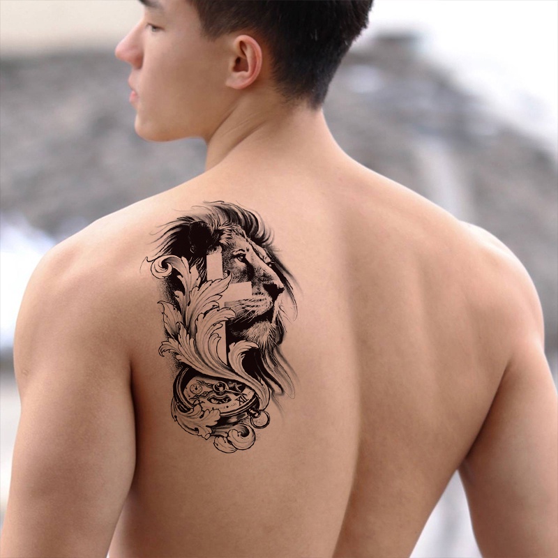 紋身貼防水持久男半臂獅子動物圖案暗黑系背部手臂仿真刺青貼紙