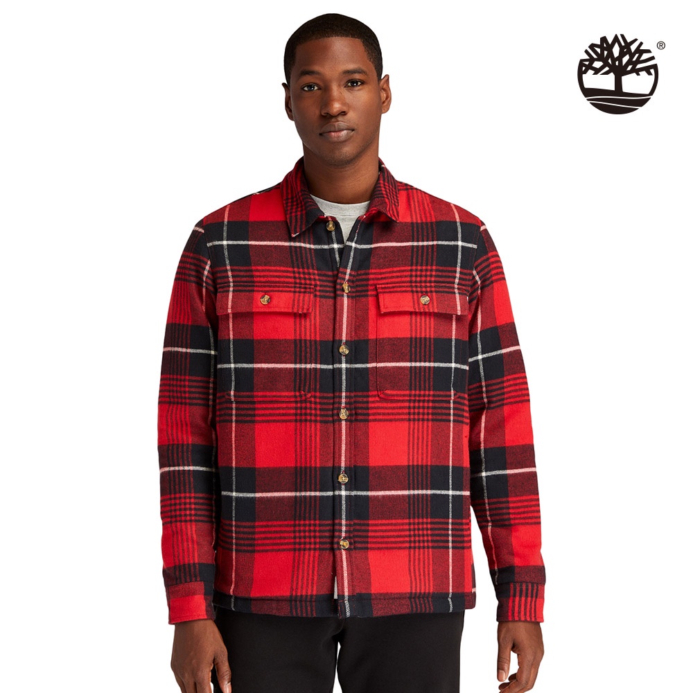 Timberland 男款紅色格紋有機棉保暖襯衫外套|A44CCCA2