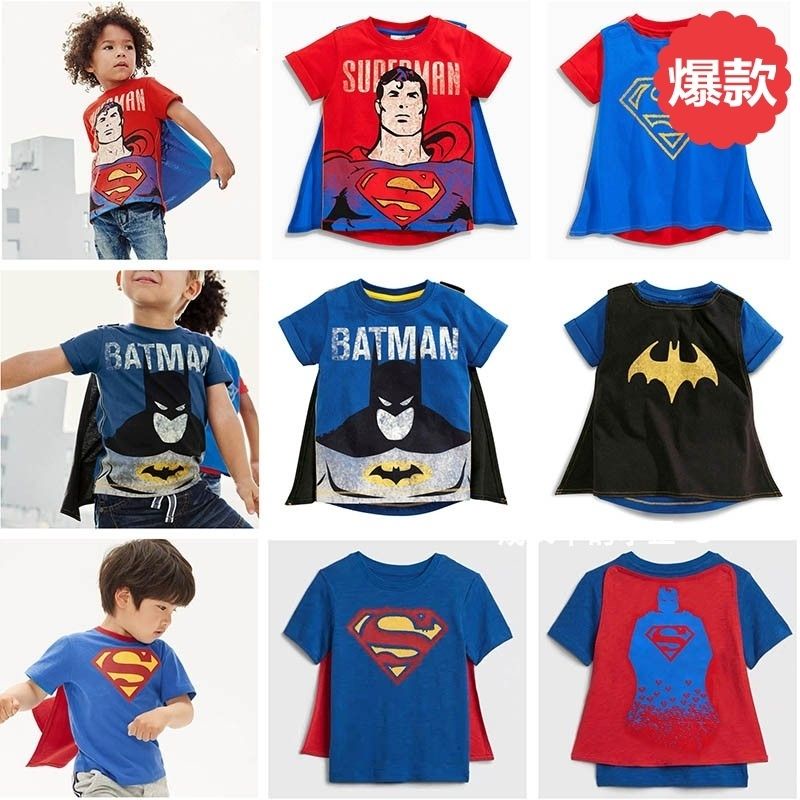 🌸瑞瑞🌸蝙蝠俠兒童短袖T恤夏季漫威童裝超人男童寶寶全棉帶超人披風上衣