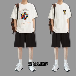 M-8XL（多款可選） 男生短袖套裝 情侶套裝 短袖T恤 休閒套裝 大尺碼夏季套裝 套裝男 短T套裝 运动套装（09）