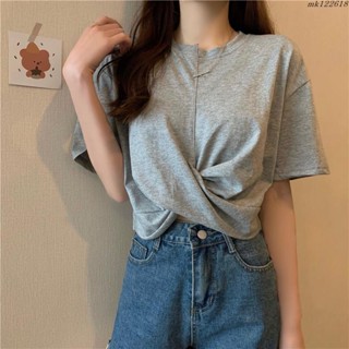 大尺碼MM M-4XL 大尺碼上衣 新版韓風不規則交叉設計感慵懶風短袖T恤MK