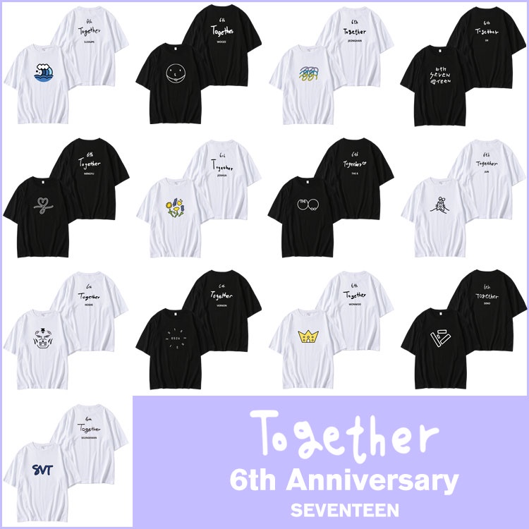 ∣∤∦明星同款★SEVENTEEN六周年成員手繪印花周邊同款短袖T恤寬松落肩純棉上衣服 情侶款短袖T恤 圓領T恤 短袖上