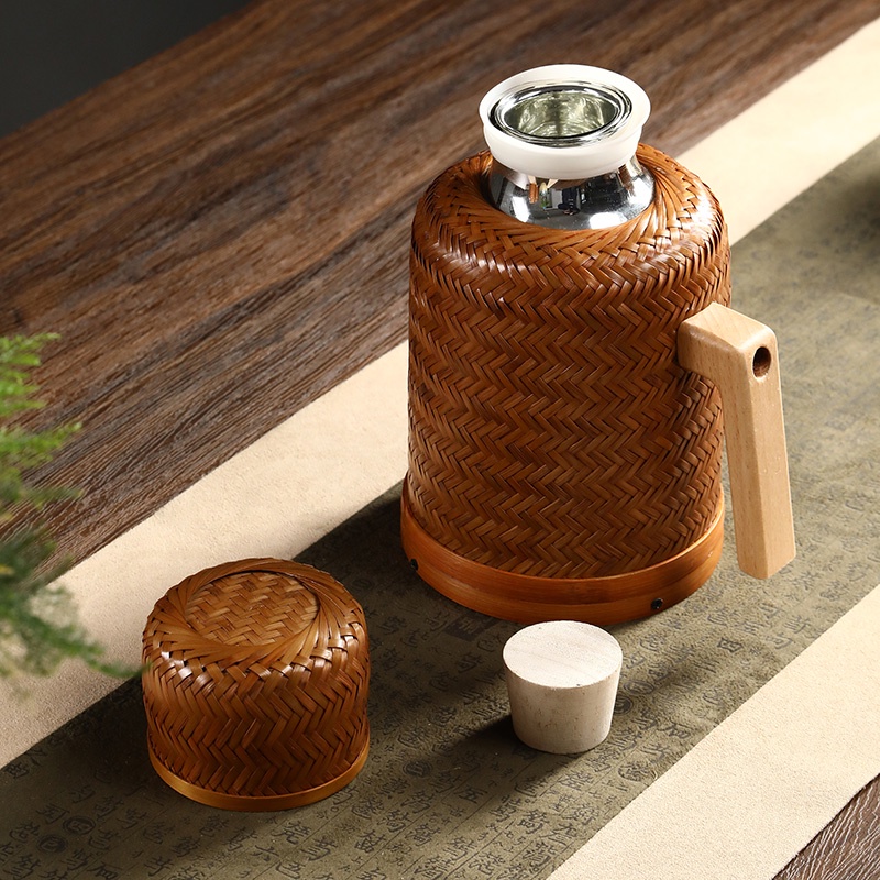 免運 天然竹製品 手工製作 手工竹編熱水瓶帶蓋老式復古暖壺茶瓶裝飾水壺玻璃內膽餐廳開水瓶