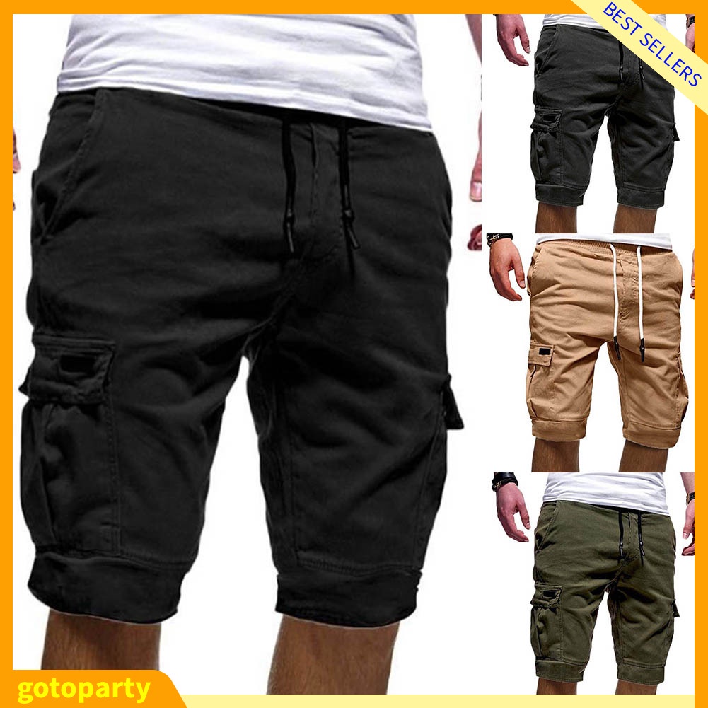 Summer Casual Men Solid Color Cargo Shorts Multi-Pockets Dra