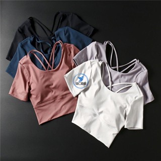 【臺灣熱賣】特賣瑜伽短袖瑜伽背心性感美背瑜伽服女帶胸墊運動T恤緊身露肚跑步短袖健身服上衣跑步上衣/JR