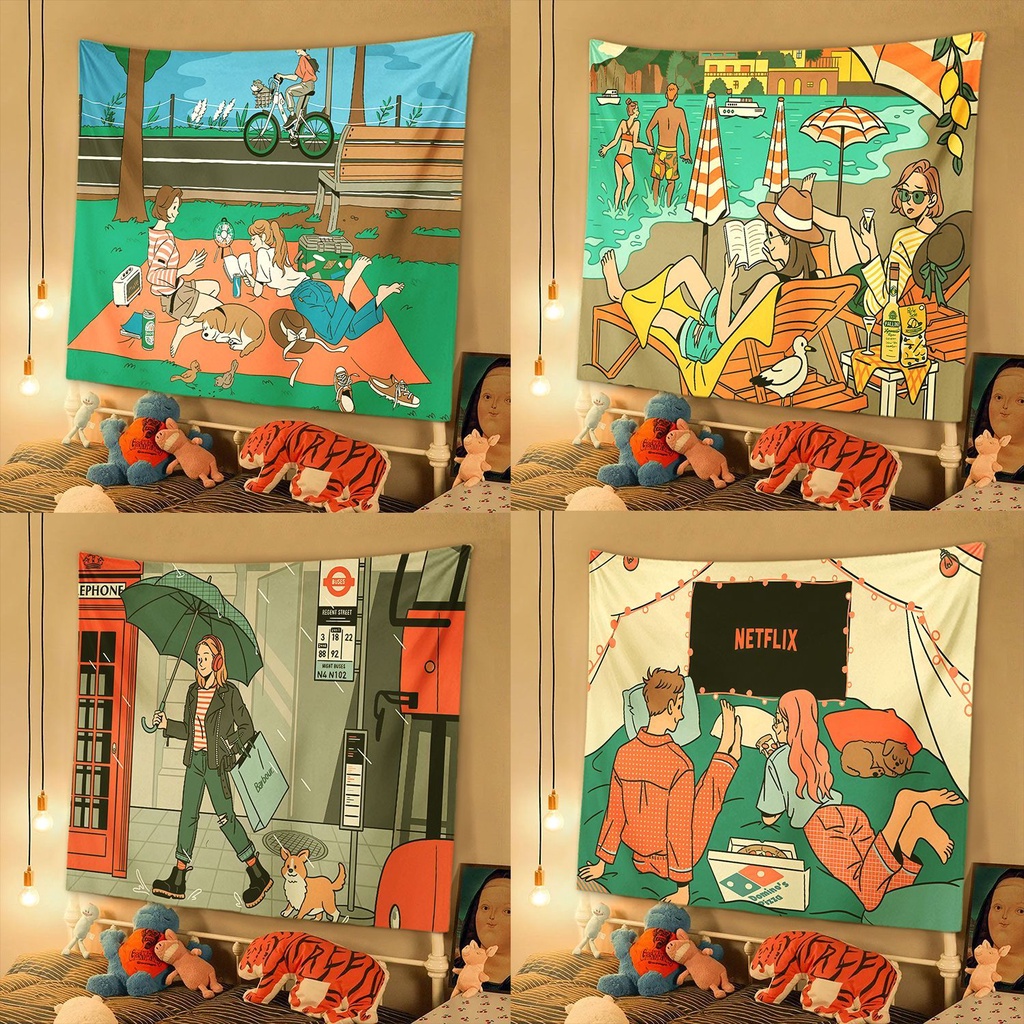 ✒ↂ韓國情侶插畫簡約風居家臥室改造裝飾背景布墻布店面氛圍感裝飾