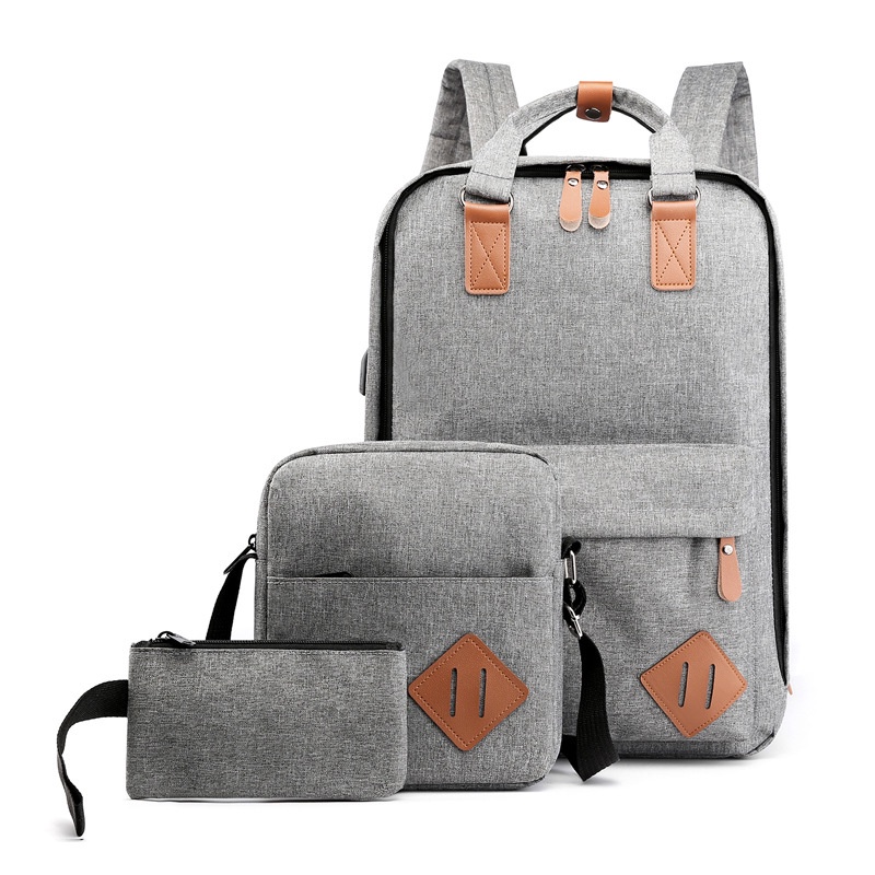 📣火山運動💜3 件套單肩包男女筆記本電腦背包 Usb 帆布書包高中生行李包旅行