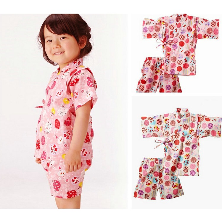 兒童甚平和服浴衣女童櫻花 日式短袖和服套裝 純棉和服外出服