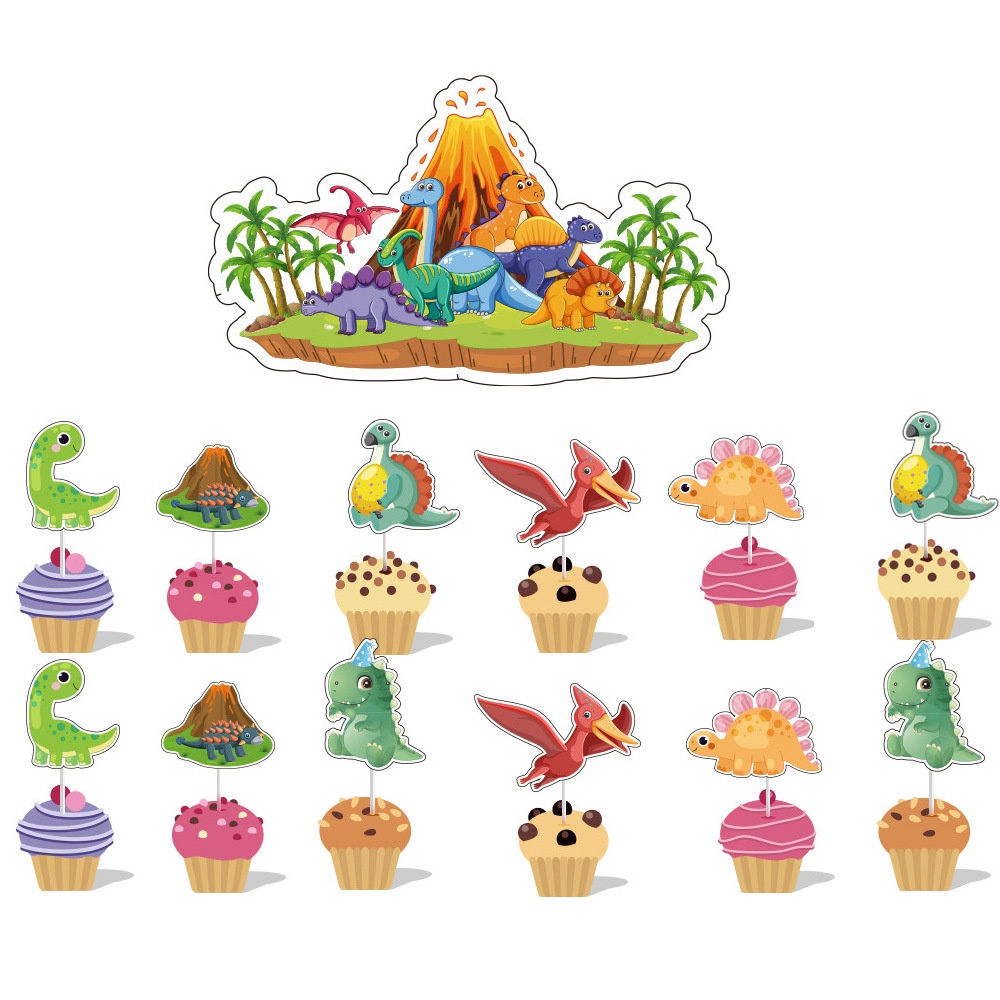 👍Belle's mall👍粉色恐龍蛋糕插旗 恐龍主題套裝生日蛋糕插簽插牌拉旗氣球用品