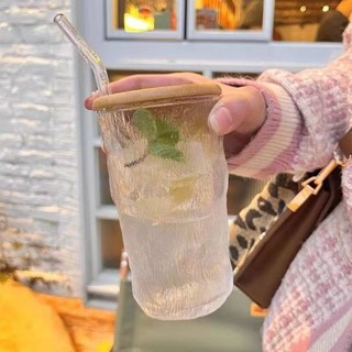 熱銷~ 高顏值水杯 帶吸管帶蓋冰川紋玻璃杯 家用喝水泡茶咖啡杯 玻璃杯ins 透明杯子 造型馬克杯 牛奶咖啡杯 馬克
