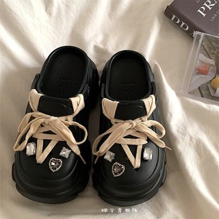 【臺灣出貨】綁帶厚底洞洞鞋女ins夏季外穿防滑百搭增高包頭沙灘涼拖鞋洞洞鞋 沙灘鞋 室外拖鞋 防滑拖鞋涼拖鞋