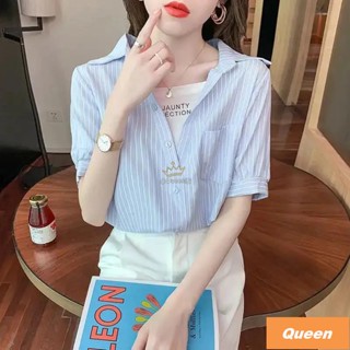 Queen👑短袖襯衫女 V領條紋襯衫 大尺碼夏季假兩件法式洋氣薄款小衫別緻設計感小眾套頭上衣