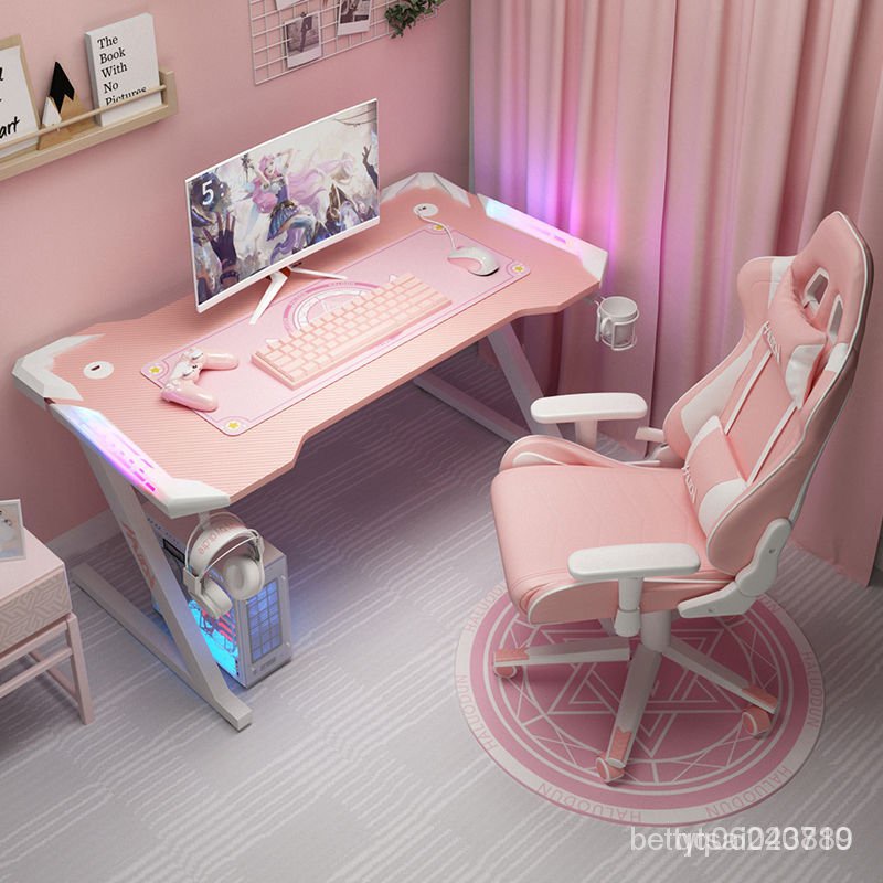 【全臺免運】粉色電競桌臺式電腦桌傢用直播主播少女遊戲桌椅組閤套裝高級桌子 EZCC