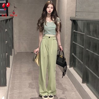 條紋上衣+直筒長褲 T恤 短袖 夏季新款時尚休閒套裝女修身條紋T恤上衣 設計感高腰休閒褲兩件套