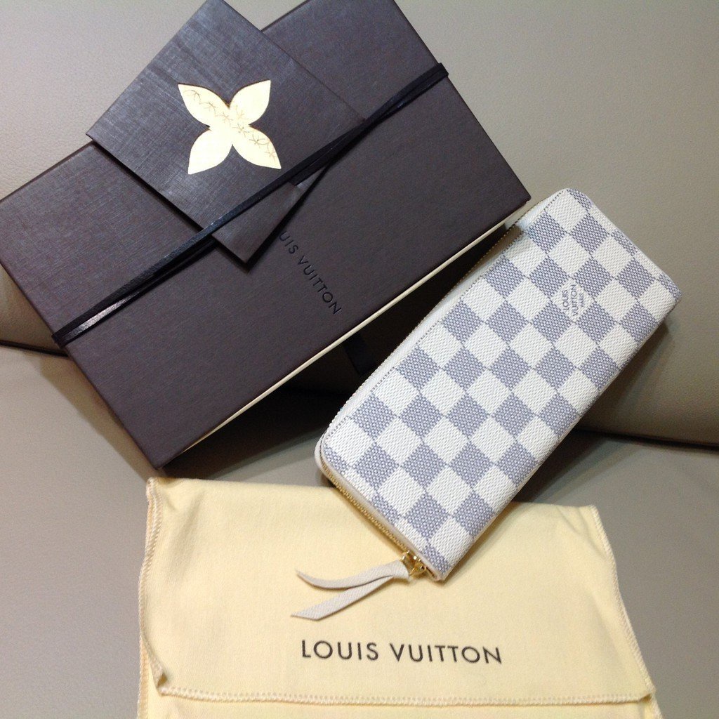 二手98新 Louis Vuitton LV N61210米色 N61264 芭比粉Clemence 白棋盤格紋拉鍊長夾