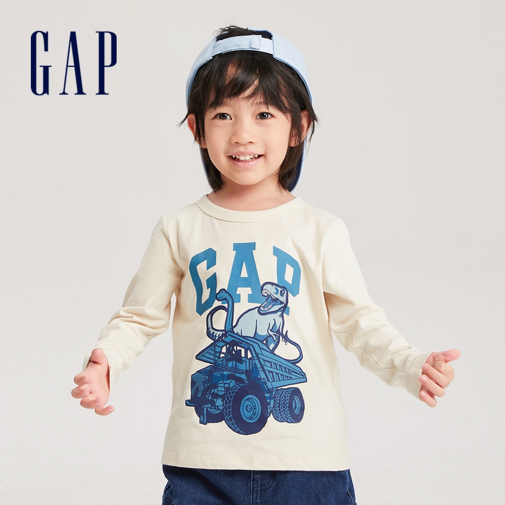 Gap 男幼童裝 Logo印花圓領長袖T恤-米色(798952)